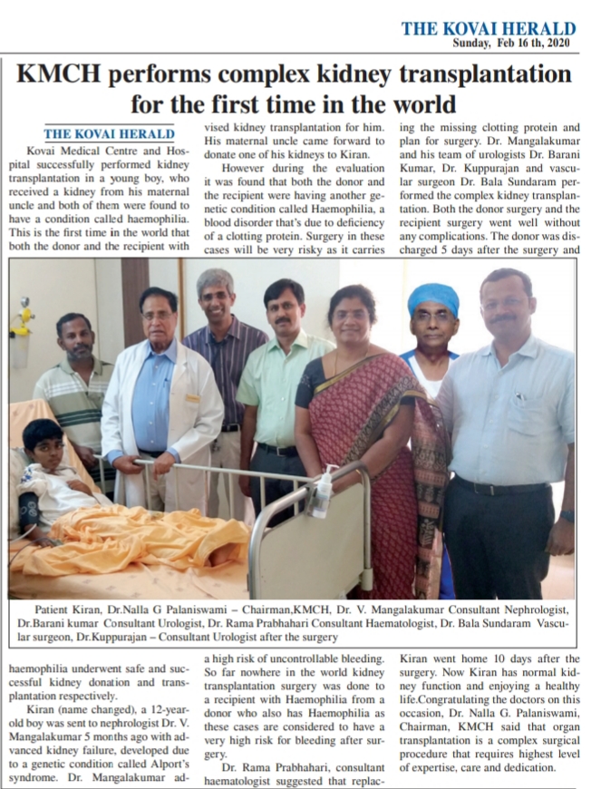 KMCH Performs Rare Kidney Transplant On Haemophilic Boy With Haemophilic Donor’s Organ