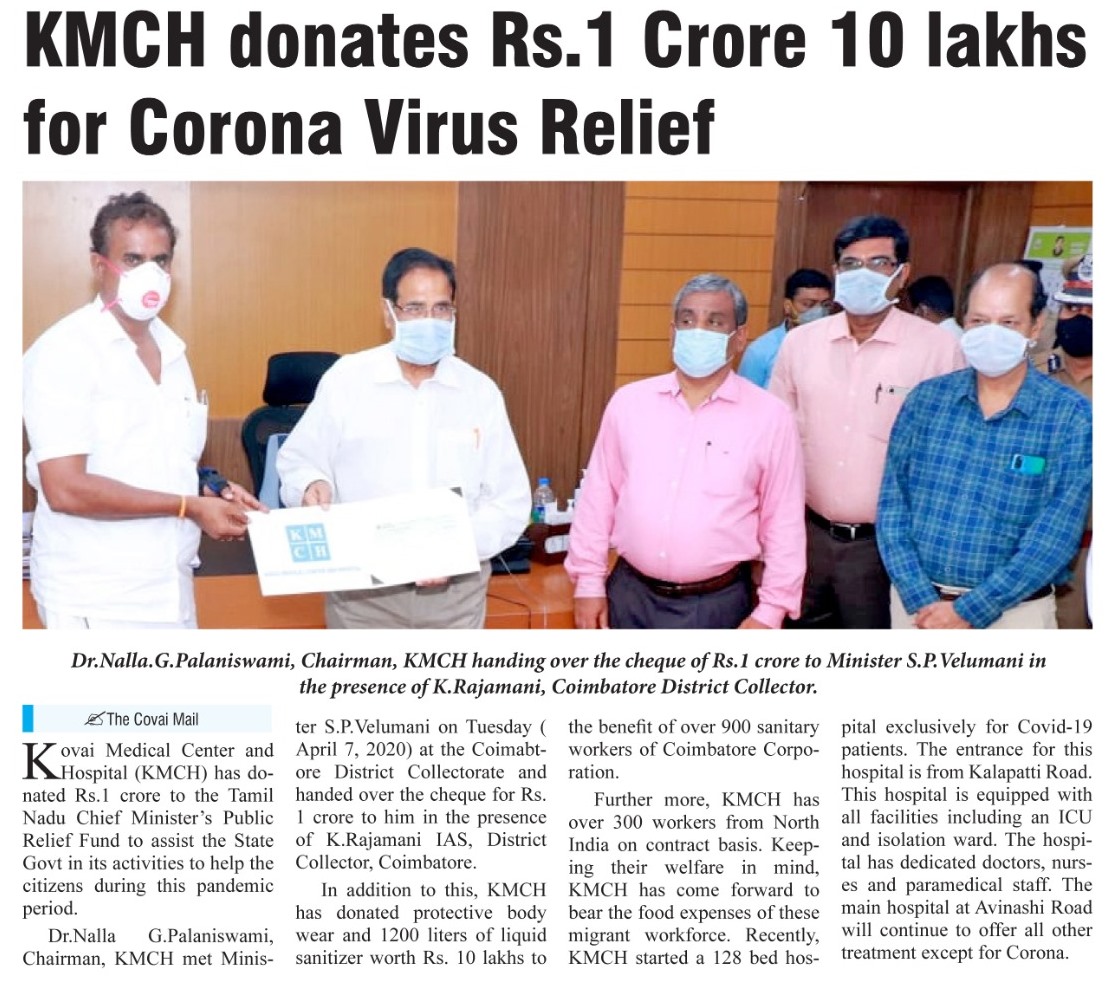 KMCH donates Rs. One Crore Ten lakh for Corona Virus Relief