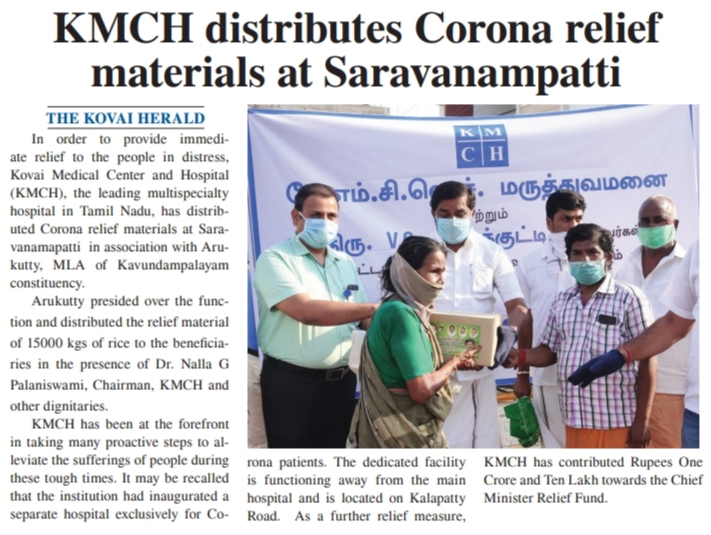 KMCH distributes Corona relief materials at Saravanampatti