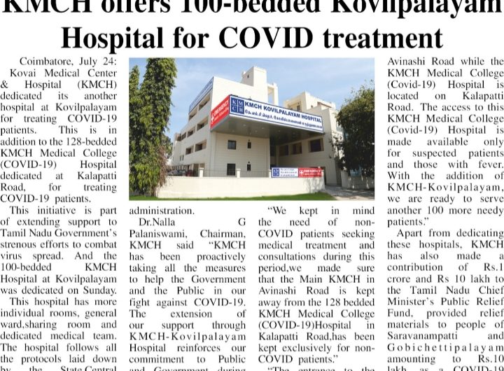 KMCH dedicates Kovilpalayam Hospital for COVID-19 treatment
