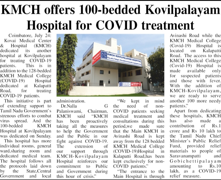 KMCH dedicates Kovilpalayam Hospital for COVID-19 treatment