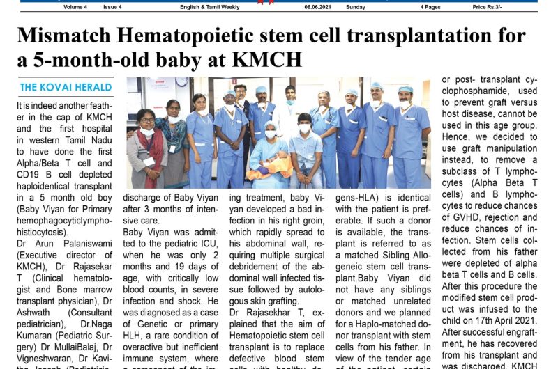 Mismatch Hematopoietic stem cell transplantation for a 5 month-old baby at KMCH