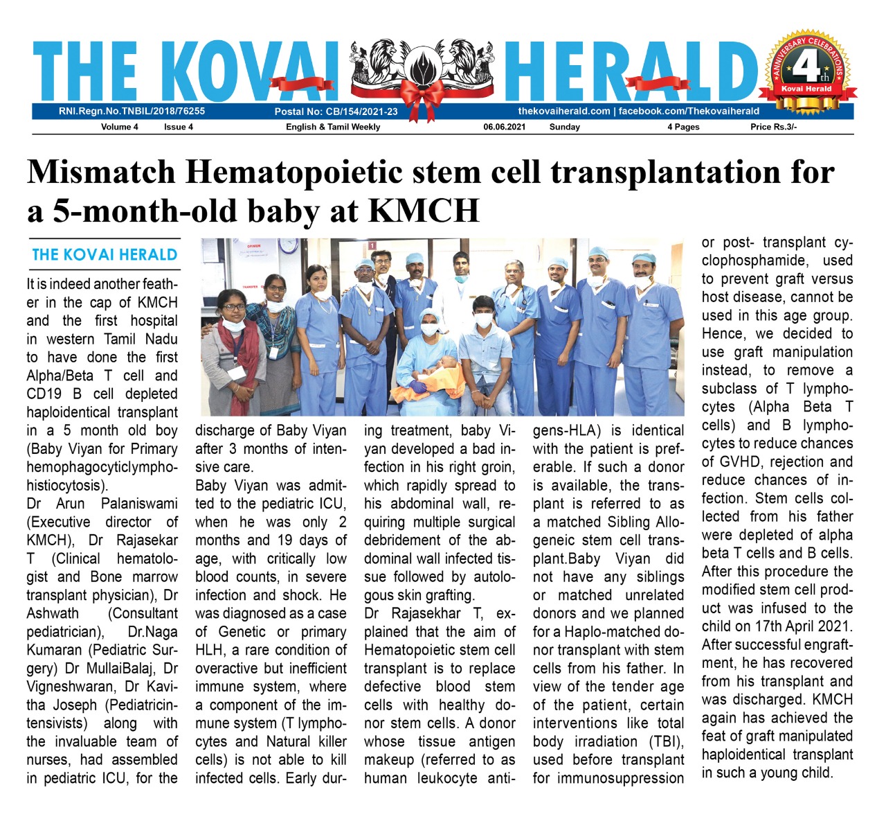 Mismatch Hematopoietic stem cell transplantation for a 5 month-old baby at KMCH