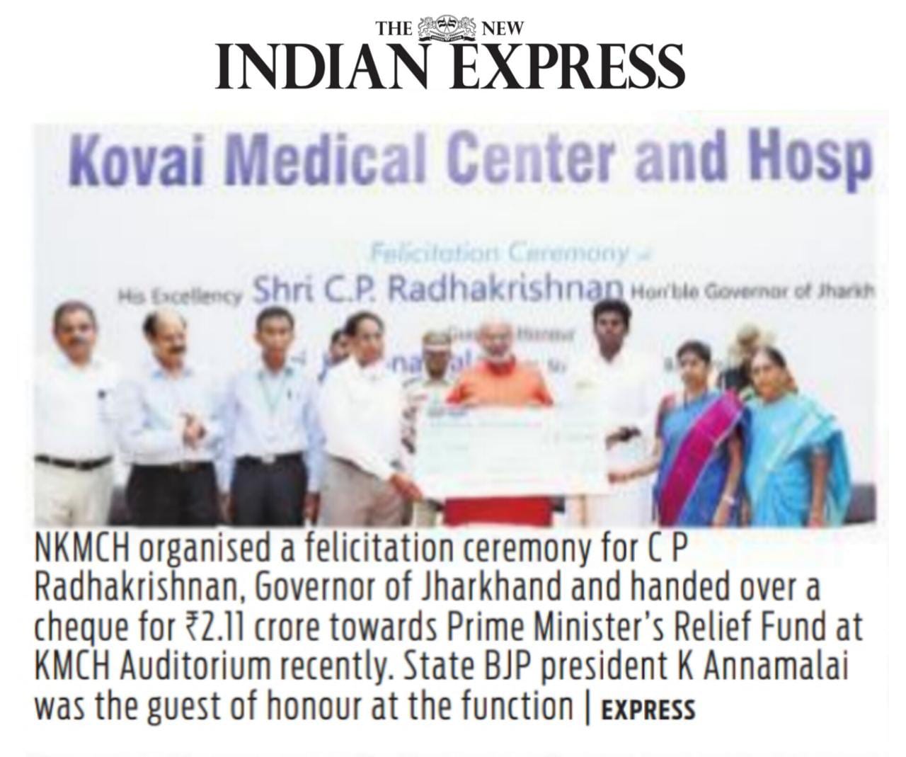 KMCH Felicitates Jharkhand Governor & Donates Rs. 2.11 Crores to Prime Minister’s National Relief Fund
