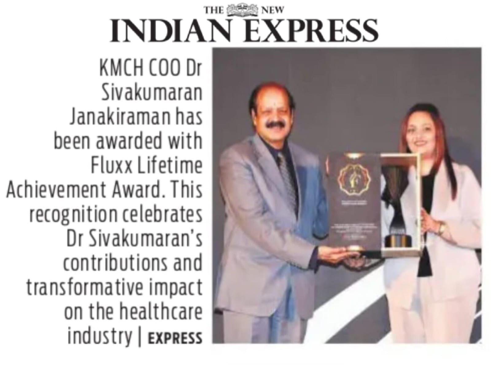 KMCH COO Honoured with Fluxx life time Achievement Award