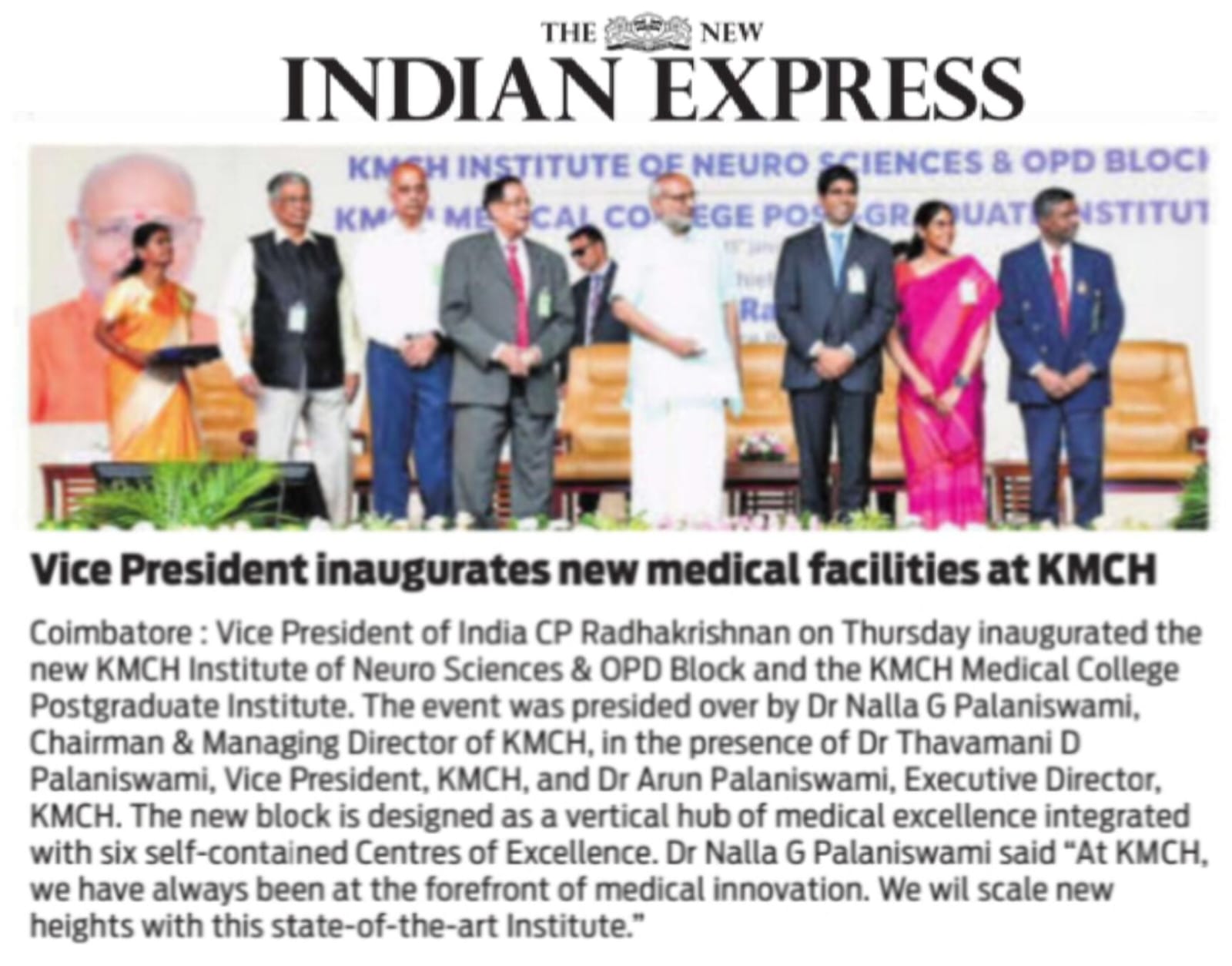 Hon’ble Vice President of India Inaugurated – New KMCH Institute of Neuro Sciences, OPD Block, and KMCH Medical College Post Graduate Institute