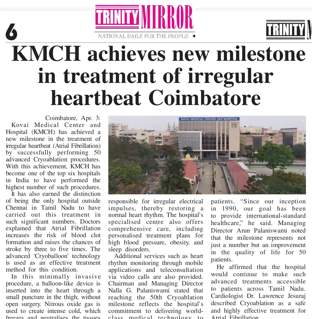 KMCH Coimbatore Performs 50 Cryoablation Procedures for Irregular Heartbeat Treatment